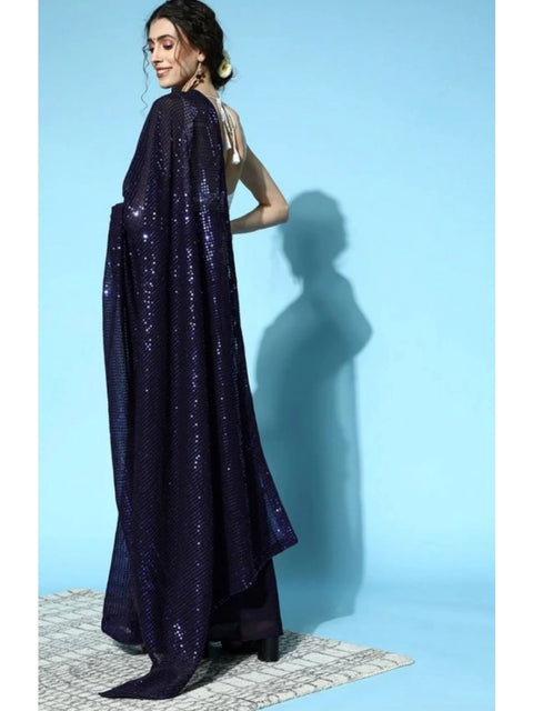 Women's Georgette Embellished Sequnece Bollywood Saree With Unstitched Blouse 5.5Mtr (Blue)