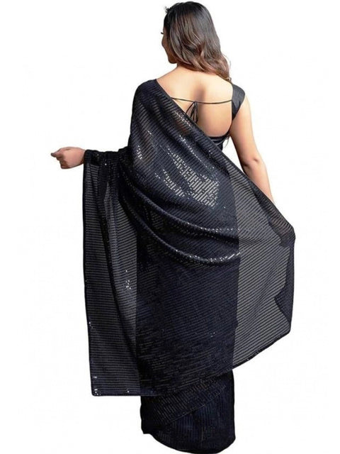 Women's Georgette Embellished Sequnece Bollywood Saree With Unstitched Blouse 5.5Mtr (Black)