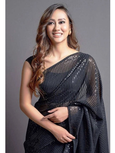 Women's Georgette Embellished Sequnece Bollywood Saree With Unstitched Blouse 5.5Mtr (Black)