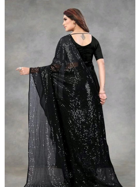 Women's Georgette Embellished Sequnece Bollywood Saree With Unstitched Blouse 5.5Mtr (Black)