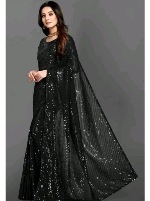 Women's Georgette Embellished Sequnece Bollywood Saree With Unstitched Blouse 5.5Mtr (Black)