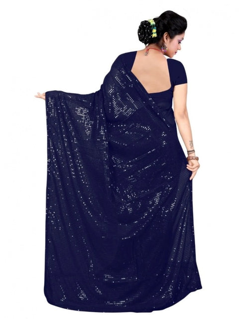 Women's Georgette Embellished Sequnece Bollywood Saree With Unstitched Blouse 5.5Mtr (Blue)
