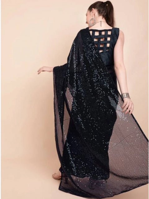 Women's Georgette Embellished Sequnece Bollywood Saree With Unstitched Blouse 5.5Mtr (Black)