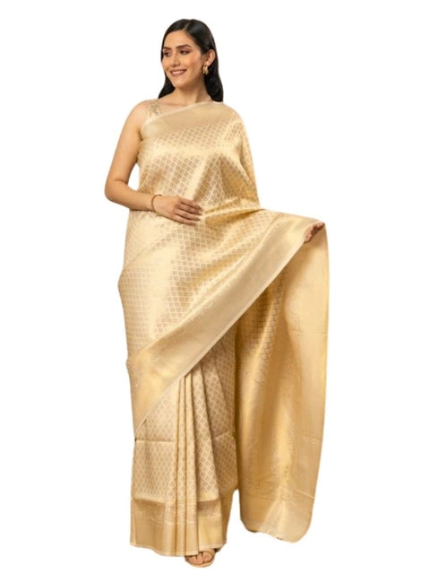 Women's Silk Printed Saree With Unstitched Blouse 5.5Mtr (Gold)