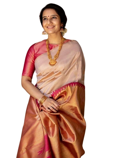 Women's Silk Printed Saree With Unstitched Blouse 5.5Mtr (Cream)
