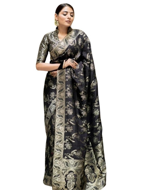 Women's Silk Printed Saree With Unstitched Blouse 5.5Mtr (Black)