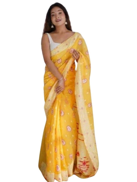 Women's Cotton  Printed Saree With Unstitched Blouse 5.5Mtr (Yellow)
