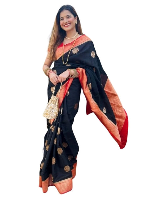 Women's Silk Printed Saree With Unstitched Blouse 5.5Mtr (Black-Red)