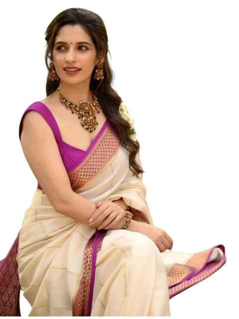 Women's Silk Printed Saree With Unstitched Blouse 5.5Mtr (Off White-Pink)