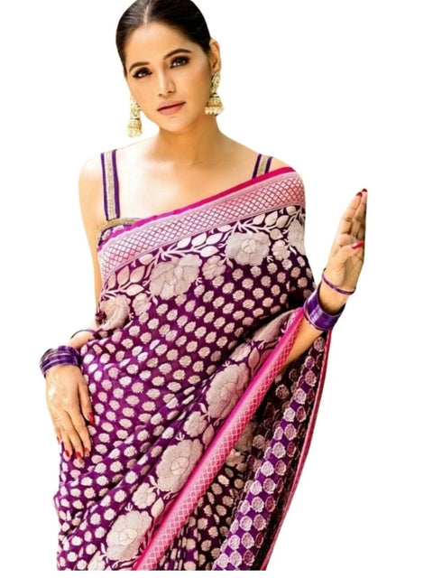 Women's Silk Printed Saree With Unstitched Blouse 5.5Mtr (Purple)
