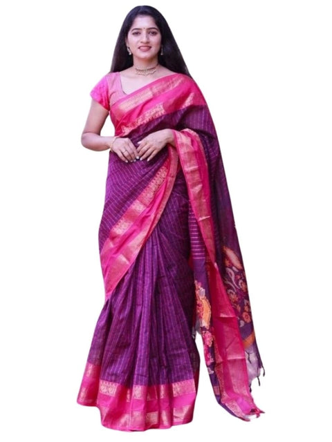 Women's Silk Printed Saree With Unstitched Blouse 5.5Mtr (Purple)