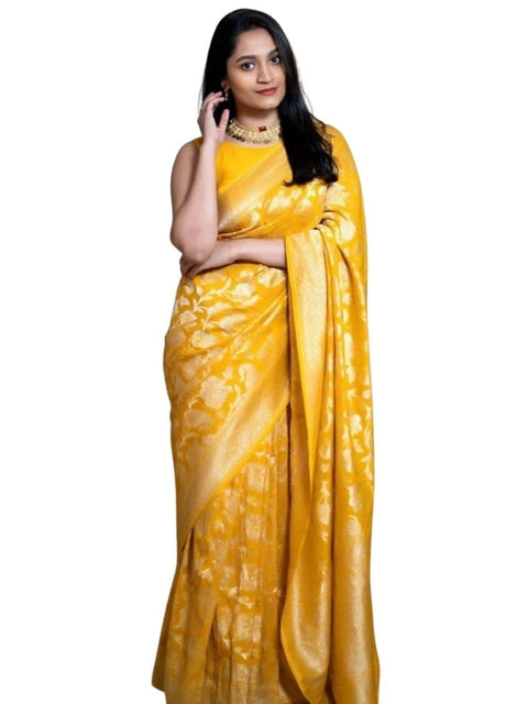 Women's Silk Printed Saree With Unstitched Blouse 5.5Mtr (Yellow)