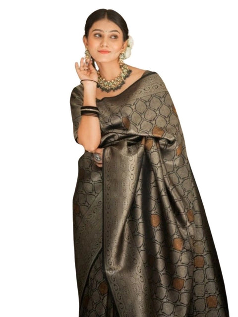 Women's Silk Printed Saree With Unstitched Blouse 5.5Mtr (Black)