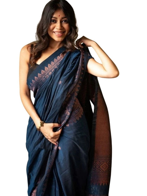 Women's Silk Printed Saree With Unstitched Blouse 5.5Mtr (Navy Blue)