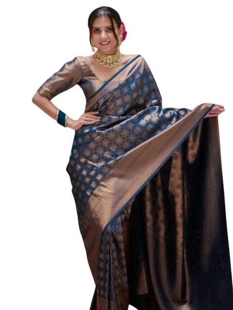 Women's Silk Printed Saree With Unstitched Blouse 5.5Mtr (Blue)