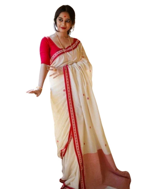 Women's Cotton  Printed Saree With Unstitched Blouse 5.5Mtr (White)