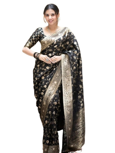 Women's Silk Printed Saree With Unstitched Blouse 5.5Mtr (Black)
