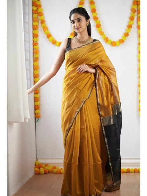 Women's Cotton  Printed Saree With Unstitched Blouse 5.5Mtr (Yellow)