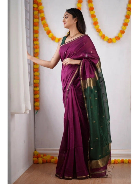 Women's Cotton  Printed Saree With Unstitched Blouse 5.5Mtr (Wine)
