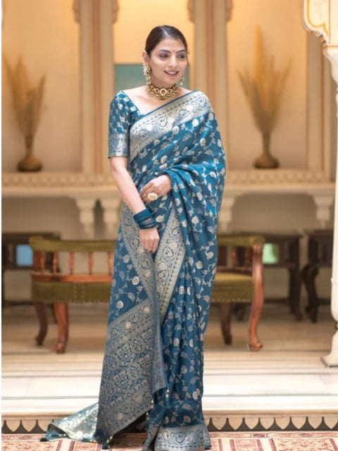 Women's Silk Printed Saree With Unstitched Blouse 5.5Mtr (Rama)