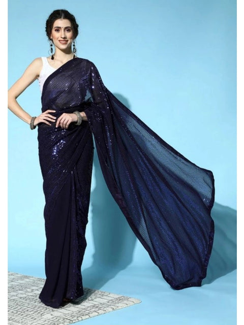 Women's Georgette Embellished Sequnece Bollywood Saree With Unstitched Blouse 5.5Mtr (Blue)