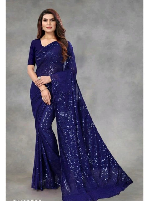 Women's Georgette Embellished Sequnece Bollywood Saree With Unstitched Blouse 5.5Mtr (Blue)