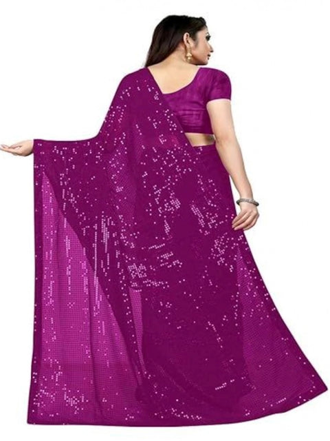 Women's Georgette Embellished Sequnece Bollywood Saree With Unstitched Blouse 5.5Mtr (Purple)