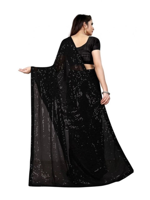 Women's Georgette Embellished Sequnece Bollywood Saree With Unstitched Blouse 5.5Mtr (Black)