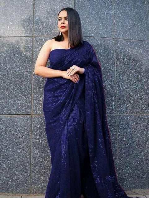 Women's Georgette Embellished Sequnece Bollywood Saree With Unstitched Blouse 5.5Mtr (Blue)