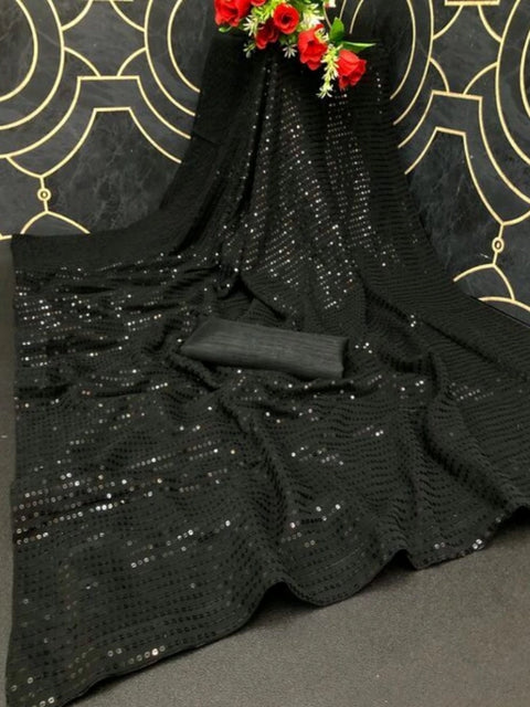 Women's Georgette Embellished Sequnece Bollywood Saree With Unstitched Blouse 5.5Mtr (Black)