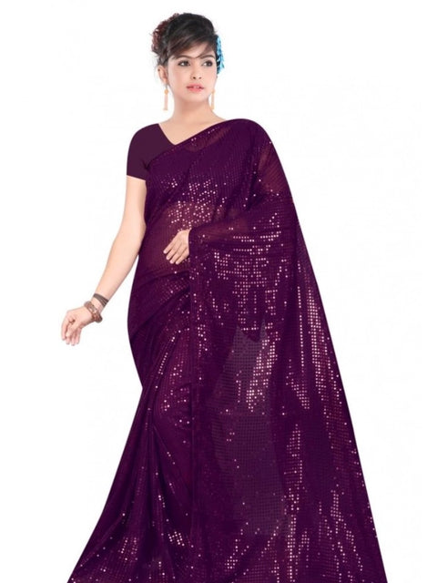 Women's Georgette Embellished Sequnece Bollywood Saree With Unstitched Blouse 5.5Mtr (Purple)