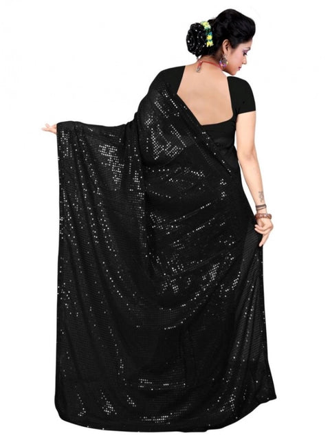 Women's Georgette Embellished Sequnece Bollywood Saree With Unstitched Blouse 5.5Mtr (Black)