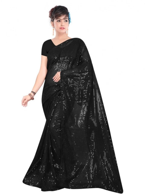 Women's Georgette Embellished Sequnece Bollywood Saree With Unstitched Blouse 5.5Mtr (Black)