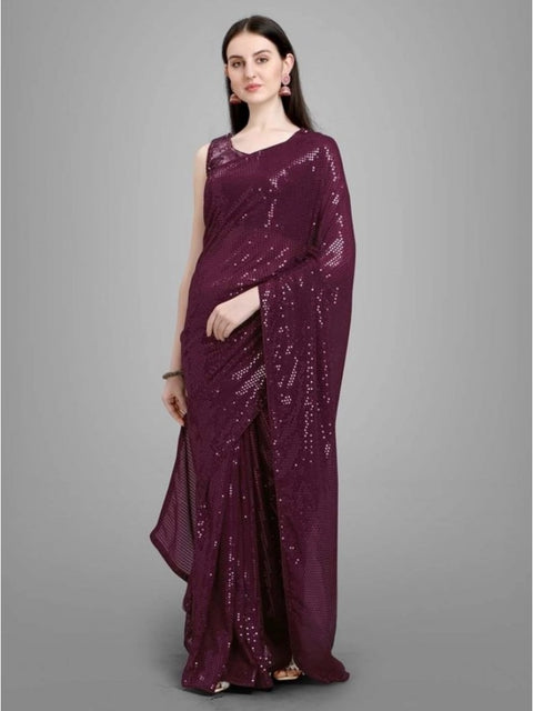 Women's Georgette Embellished Sequnece Bollywood Saree With Unstitched Blouse 5.5Mtr (Purple)