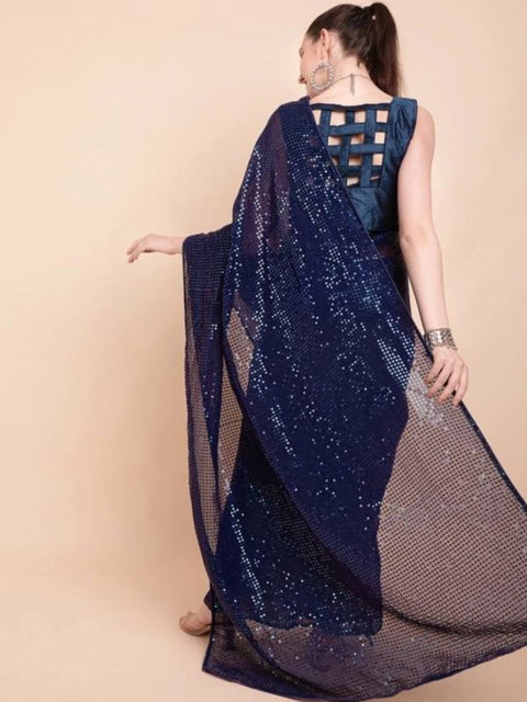 Women's Georgette Embellished Sequnece Bollywood Saree With Unstitched Blouse 5.5Mtr (Blue)