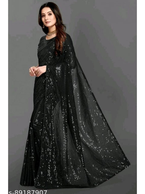 Women's Georgette Embellished Sequnece Bollywood Saree With Unstitched Blouse 5.5Mtr (Black)