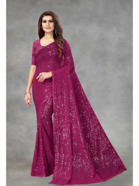 Women's Georgette Embellished Sequnece Bollywood Saree With Unstitched Blouse 5.5Mtr (Purple)
