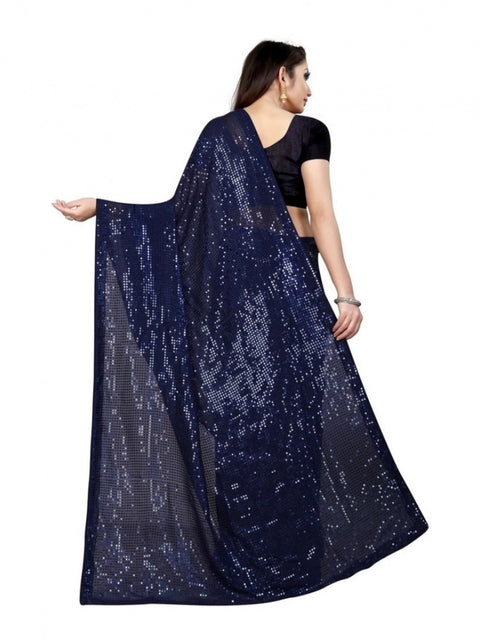 Women's Georgette Embellished Sequnece Bollywood Saree With Unstitched Blouse 5.5Mtr (Blue)