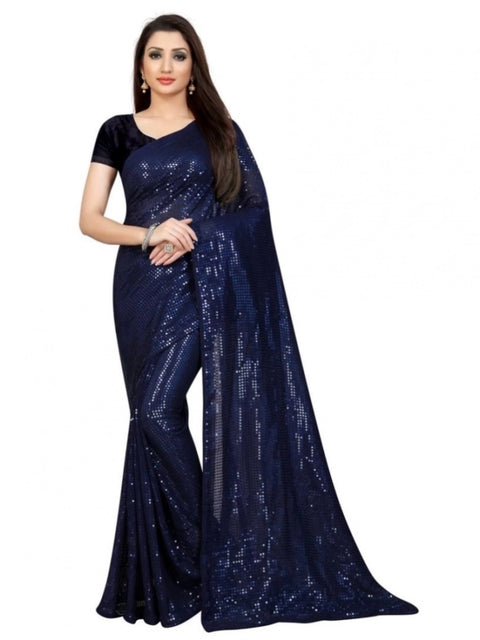 Women's Georgette Embellished Sequnece Bollywood Saree With Unstitched Blouse 5.5Mtr (Blue)
