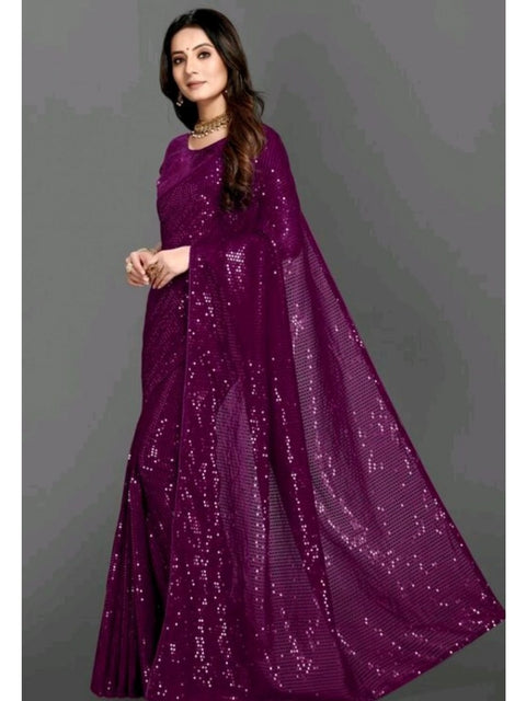Women's Georgette Embellished Sequnece Bollywood Saree With Unstitched Blouse 5.5Mtr (Purple)