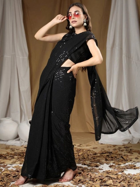 Women's Georgette Embellished Sequnece Bollywood Saree With Unstitched Blouse 5.5Mtr (Black)