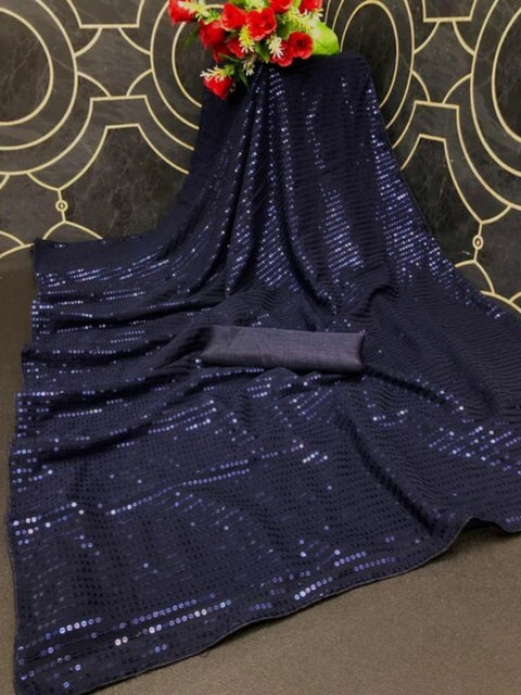 Women's Georgette Embellished Sequnece Bollywood Saree With Unstitched Blouse 5.5Mtr (Blue)