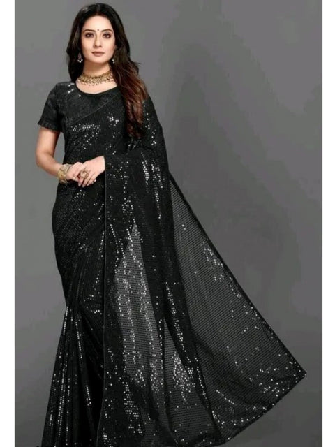 Women's Georgette Embellished Sequnece Bollywood Saree With Unstitched Blouse 5.5Mtr (Black)