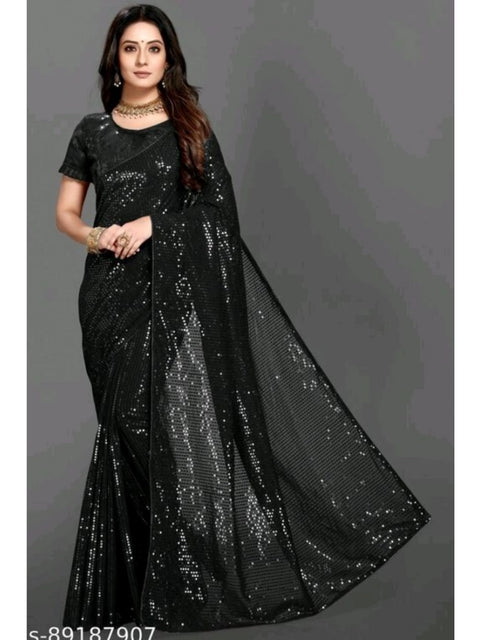 Women's Georgette Embellished Sequnece Bollywood Saree With Unstitched Blouse 5.5Mtr (Black)