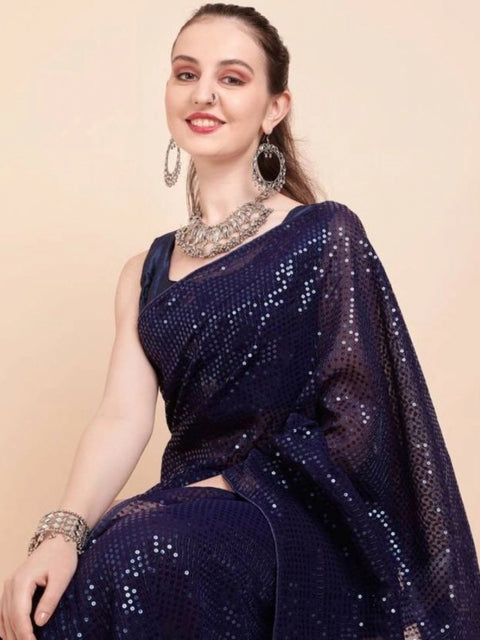 Women's Georgette Embellished Sequnece Bollywood Saree With Unstitched Blouse 5.5Mtr (Blue)