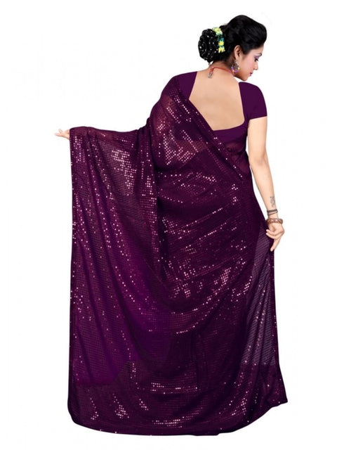Women's Georgette Embellished Sequnece Bollywood Saree With Unstitched Blouse 5.5Mtr (Purple)