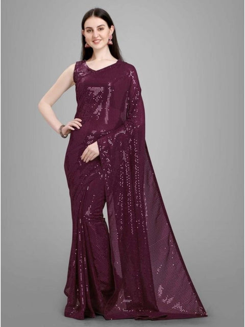 Women's Georgette Embellished Sequnece Bollywood Saree With Unstitched Blouse 5.5Mtr (Purple)