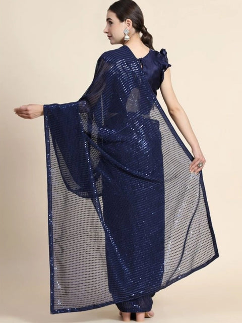 Women's Georgette Embellished Sequnece Bollywood Saree With Unstitched Blouse 5.5Mtr (Blue)