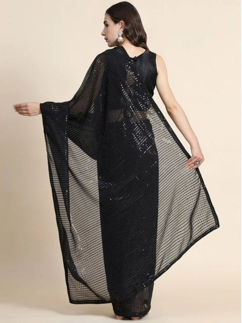 Women's Georgette Embellished Sequnece Bollywood Saree With Unstitched Blouse 5.5Mtr (Black)