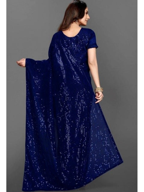 Women's Georgette Embellished Sequnece Bollywood Saree With Unstitched Blouse 5.5Mtr (Blue)
